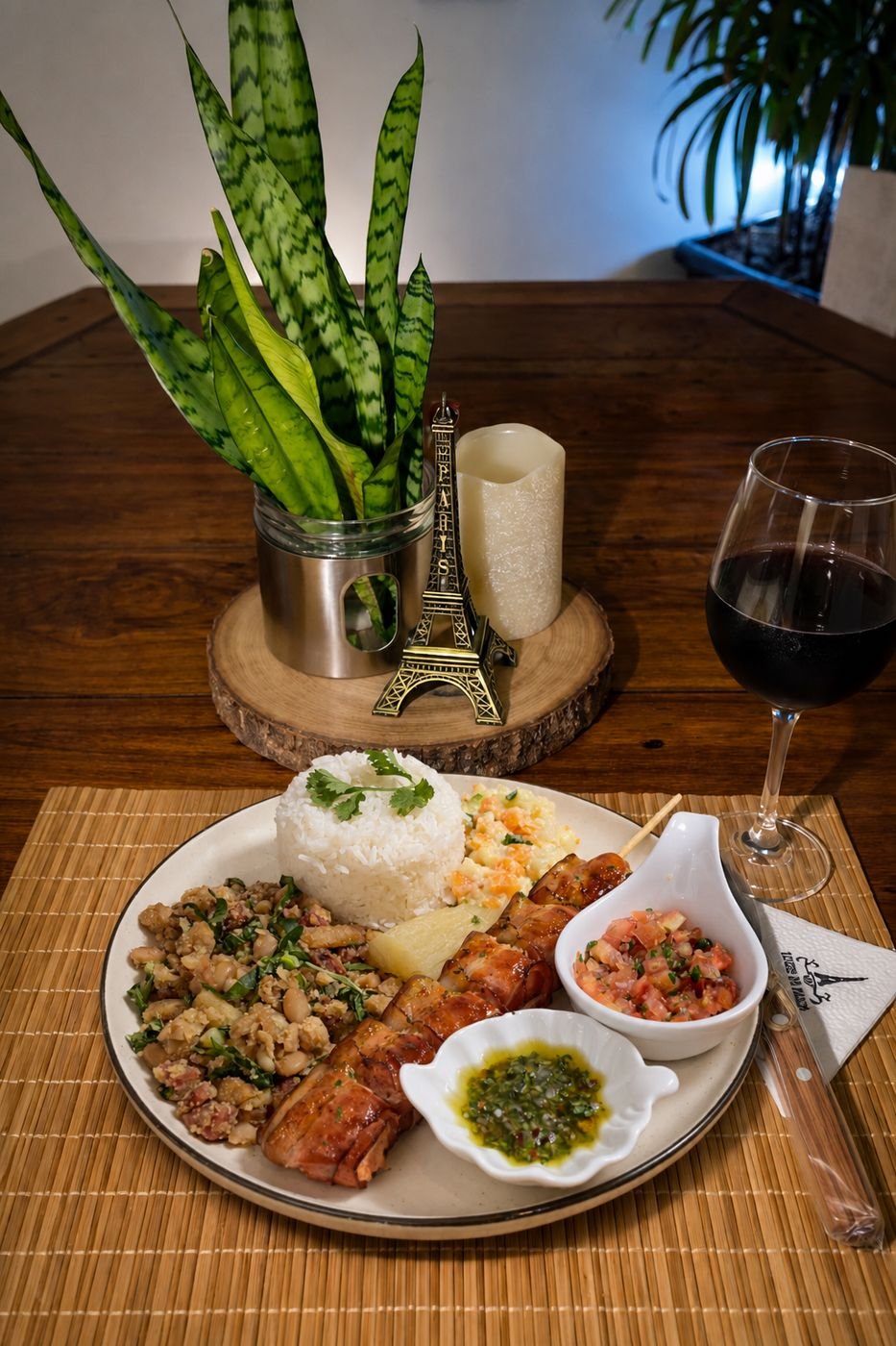 Espetinho tradicional de frango com bacon, acompanhado de arroz, farofa e molhos