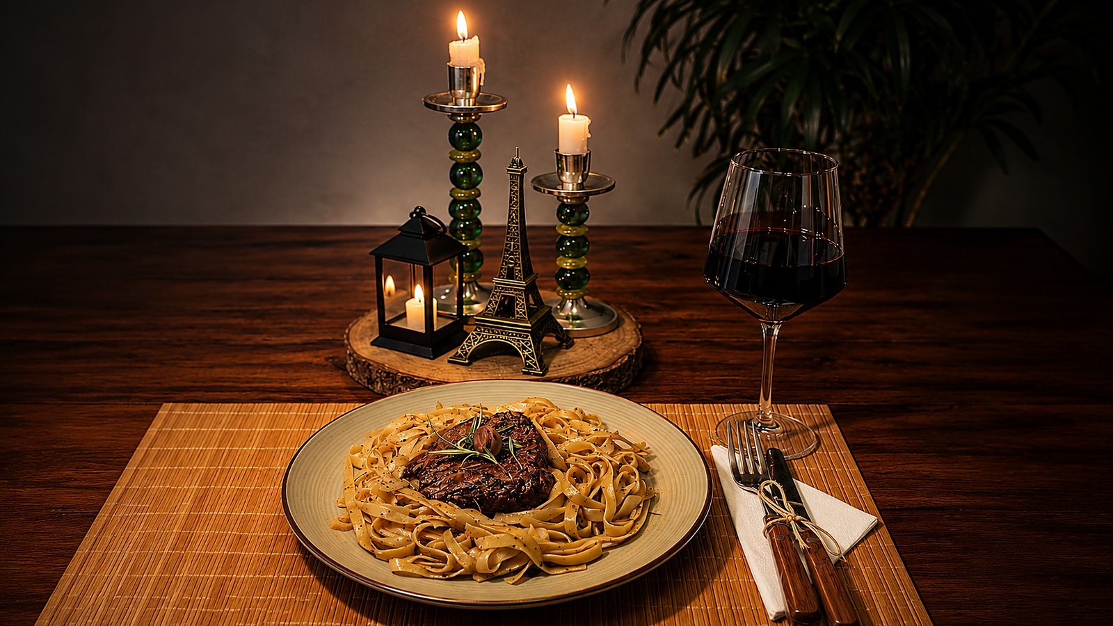 Filet mignon com talharim, taça de vinho e réplica da Torre Eiffel sobre a mesa do Luzes de Paris